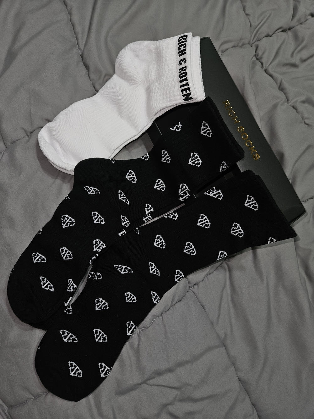 Rich & Rotten Black Patterned Crew Socks with White Ankle Sock-NWOT